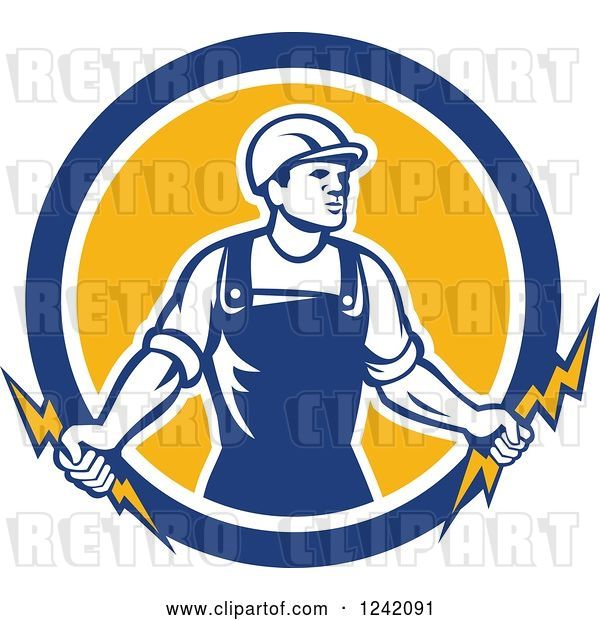 Vector Clip Art of Retro Male Electrician Holding Bolts in a Circle