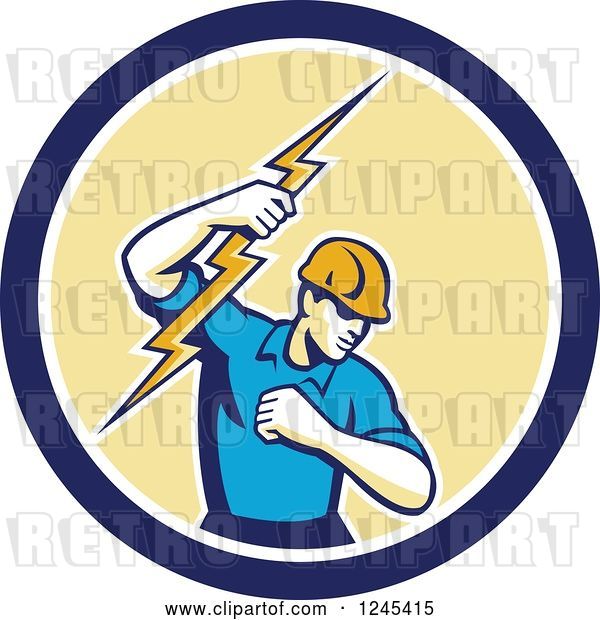 Vector Clip Art of Retro Male Electrician Holding up a Bolt in a Blue and Yellow Circle