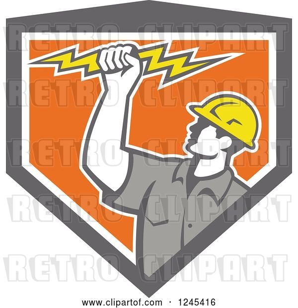 Vector Clip Art of Retro Male Electrician Holding up a Bolt in a Gray and Orang Shield