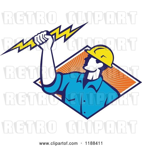 Vector Clip Art of Retro Male Electrician Holdnig a Bolt over a Diamond of Orange Rays