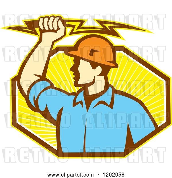 Vector Clip Art of Retro Male Electrician Holdnig a Bolt over an Octagon of Orange Rays
