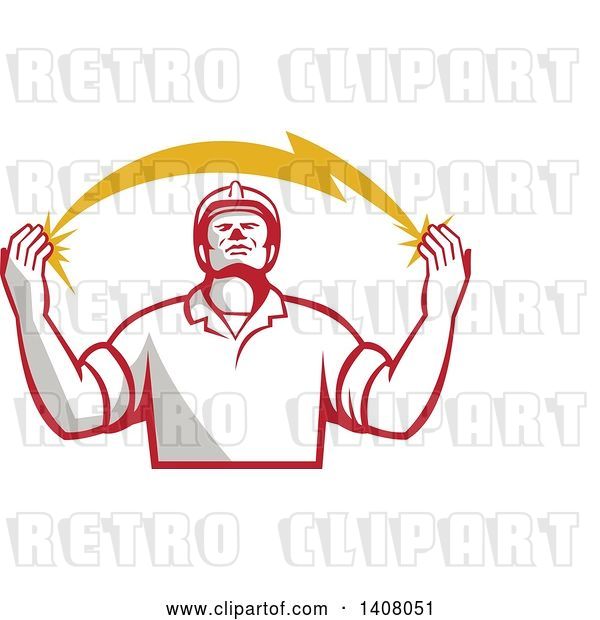 Vector Clip Art of Retro Male Electrician Looking up and Holding a Spanning Lightning Bolt
