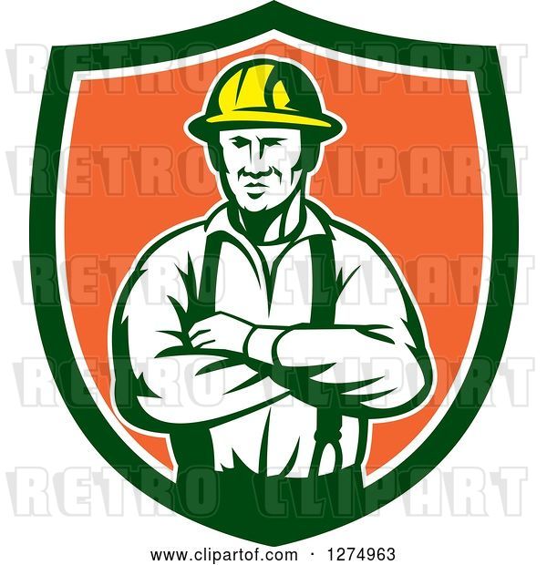 Vector Clip Art of Retro Male Electrician or Construction Worker with Folded Arms in a Green White and Orange Shield