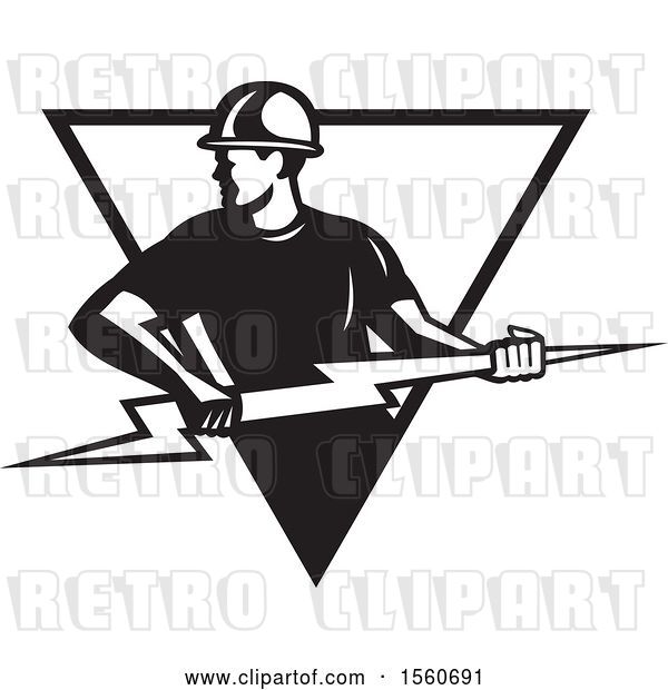 Vector Clip Art of Retro Male Electrician Pulling a Lightning Bolt in a Triangle