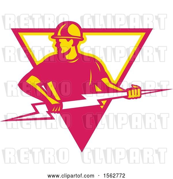 Vector Clip Art of Retro Male Electrician Pulling a Lightning Bolt in a White Yellow and Pink Triangle