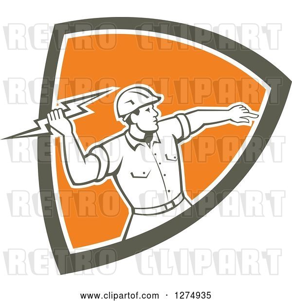 Vector Clip Art of Retro Male Electrician Throwing a Lightning Bolt in a Brown White and Orange Shield