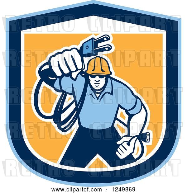 Vector Clip Art of Retro Male Electrician with a Cord in a Blue and Orange Shield
