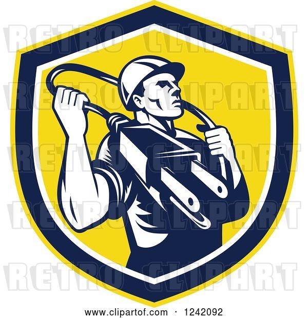 Vector Clip Art of Retro Male Electrician with a Plug Around His Neck in a Shield