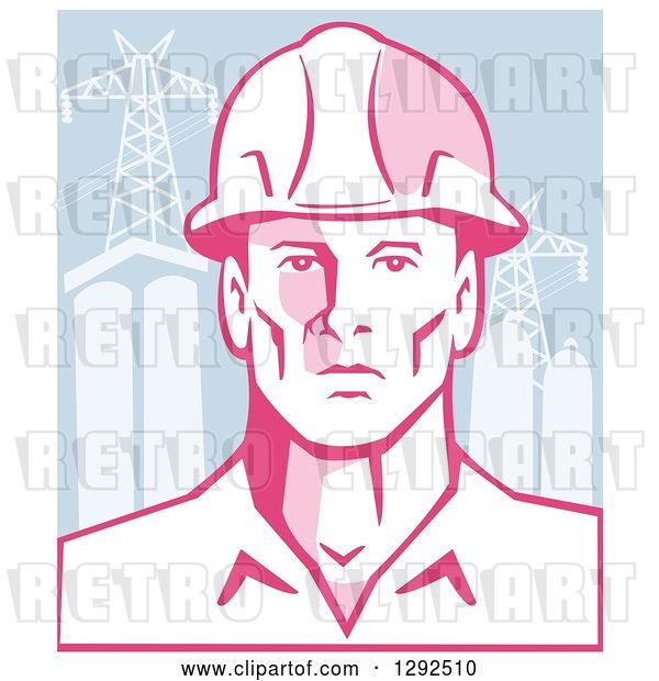 Vector Clip Art of Retro Male Engineer Wearing a Hardhat over Power Pylons and Buildings