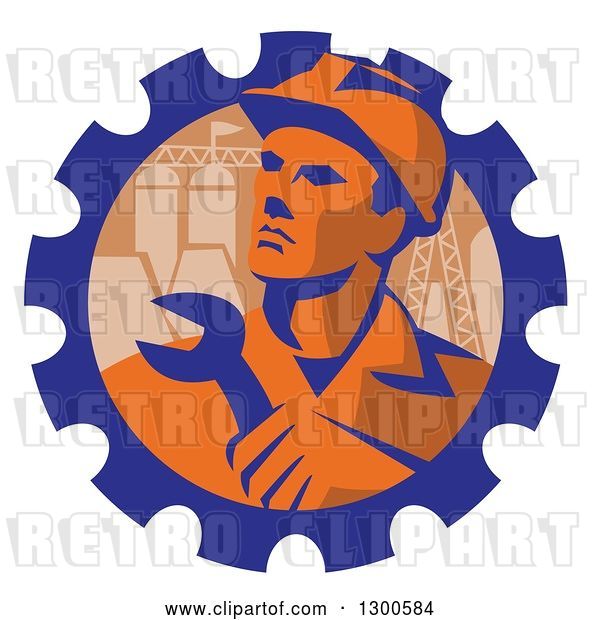 Vector Clip Art of Retro Male Engineer Worker Holding a Wrench over Pylons in a Gear Cog