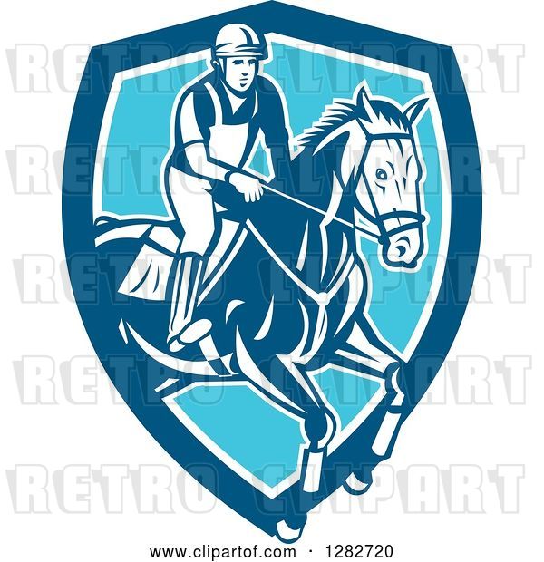 Vector Clip Art of Retro Male Equestrian Show Jumping a Horse in a Blue and White Shield
