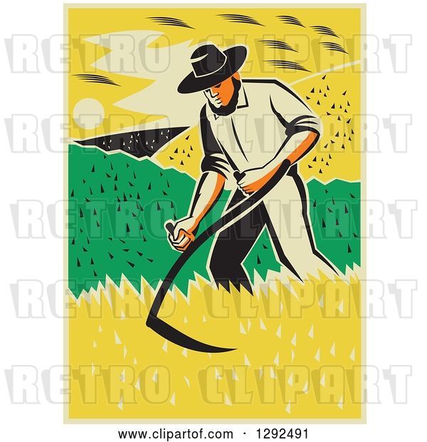 Vector Clip Art of Retro Male Famer Using a Scythe and Harvesting a Crop