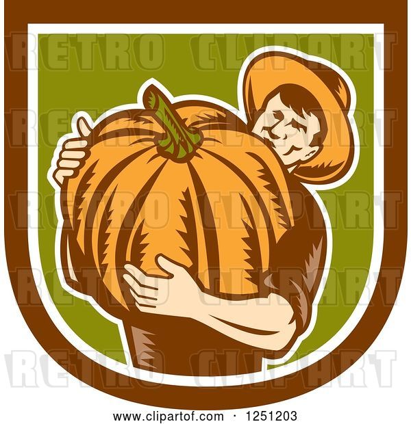 Vector Clip Art of Retro Male Farmer Carrying a Giant Pumpkin in a Brown White and Green Shield
