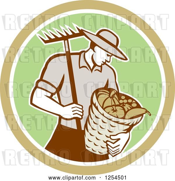 Vector Clip Art of Retro Male Farmer Carrying a Harvest Bushel Bucket and Rake in a Brown and Green Circle