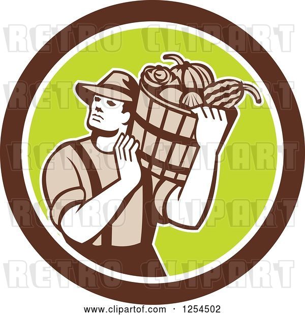 Vector Clip Art of Retro Male Farmer Carrying a Harvest Bushel Bucket in a Brown and Green Circle