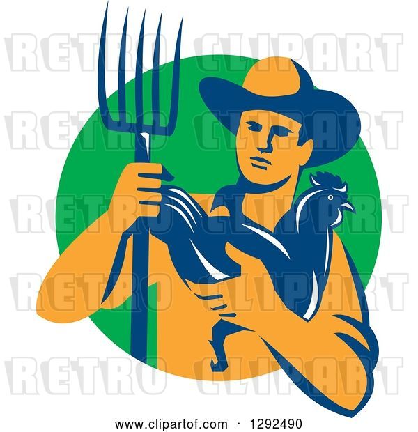 Vector Clip Art of Retro Male Farmer Holding a Hen and Pitchfork over a Green Circle