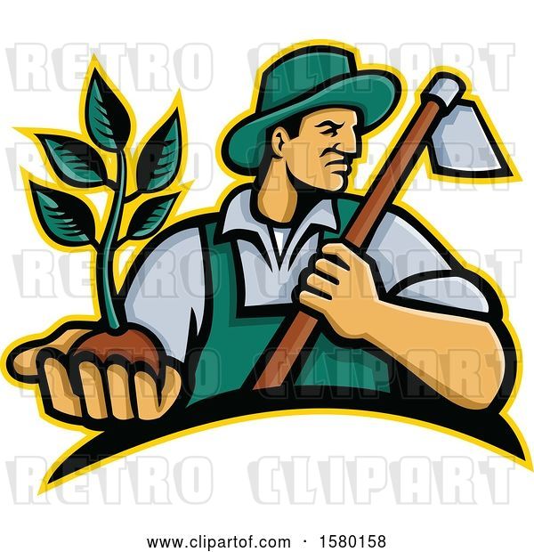 Vector Clip Art of Retro Male Farmer Holding a Hoe and Seedling Plant