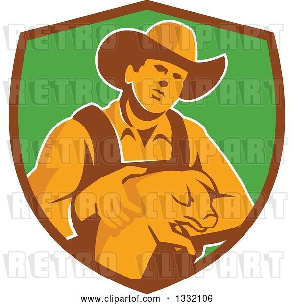 Vector Clip Art of Retro Male Farmer Holding a Piglet in a Brown and Green Shield