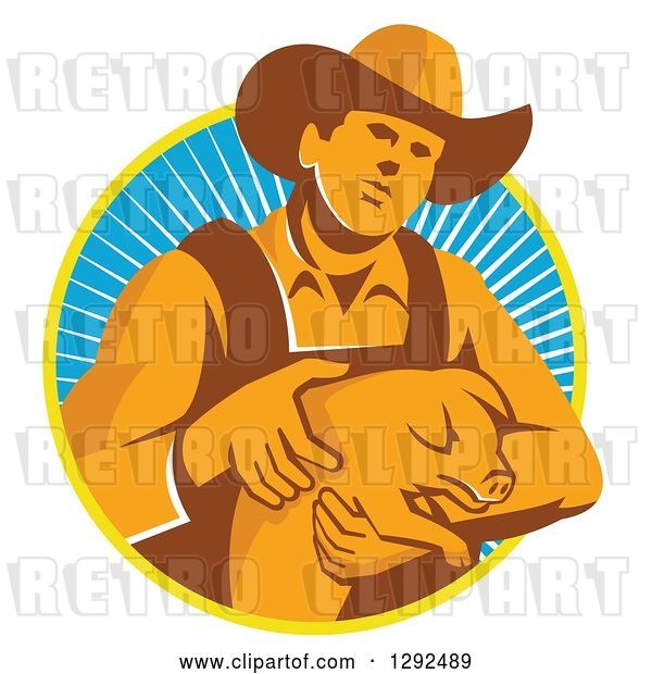 Vector Clip Art of Retro Male Farmer Holding a Piglet in a Yellow White and Blue Circle of Rays