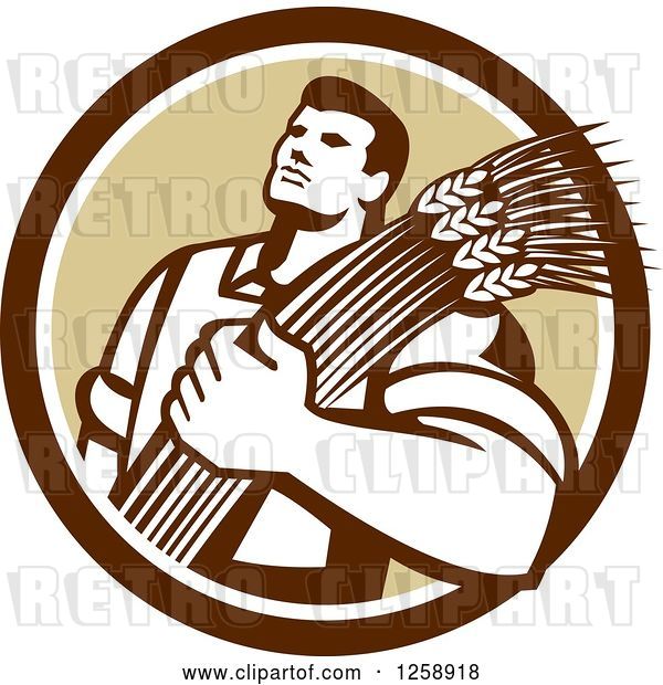 Vector Clip Art of Retro Male Farmer Holding Wheat in a Brown and White Circle