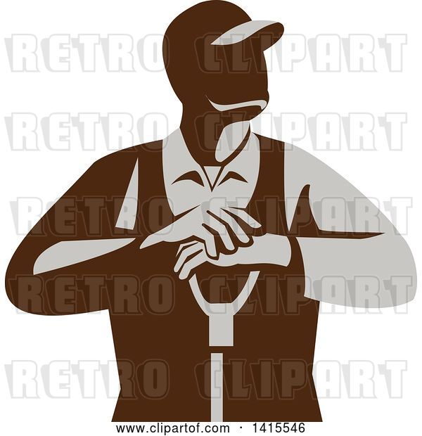 Vector Clip Art of Retro Male Farmer Leaning on a Shovel, Looking to the Side