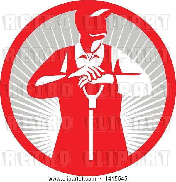 Vector Clip Art of Retro Male Farmer Leaning on a Shovel, Looking to the Side in a Red and Gray Sun Burst Circle