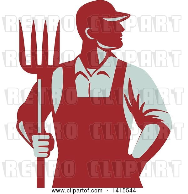 Vector Clip Art of Retro Male Farmer or Worker Standing with One Hand in His Pocket and One Hand Holding a Pitchfork