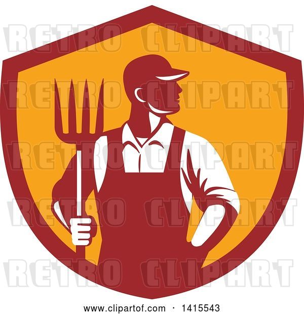 Vector Clip Art of Retro Male Farmer or Worker Standing with One Hand in His Pocket and One Hand Holding a Pitchfork in a Red and Orange Shield