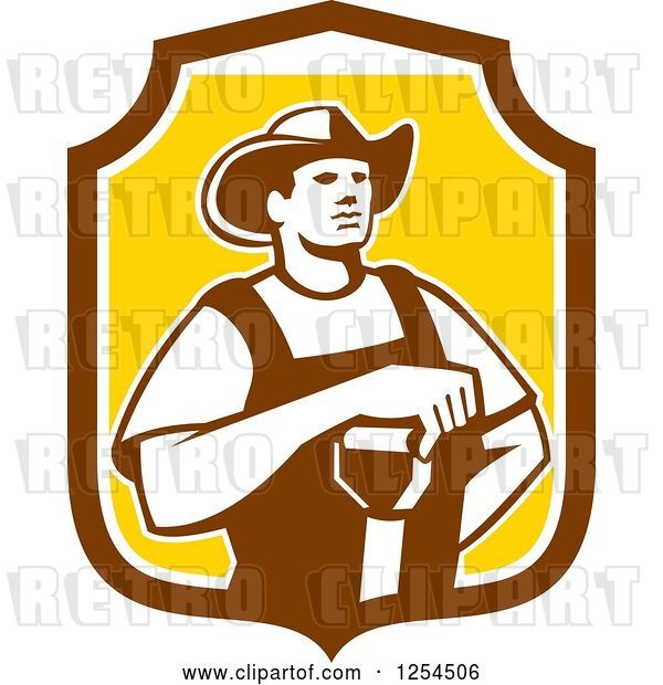 Vector Clip Art of Retro Male Farmer Resting an Arm on a Shovel in a Brown and Yellow Shield