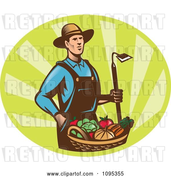 Vector Clip Art of Retro Male Farmer Standing with a Hoe and Bucket of Harvest Veggies over Green Rays