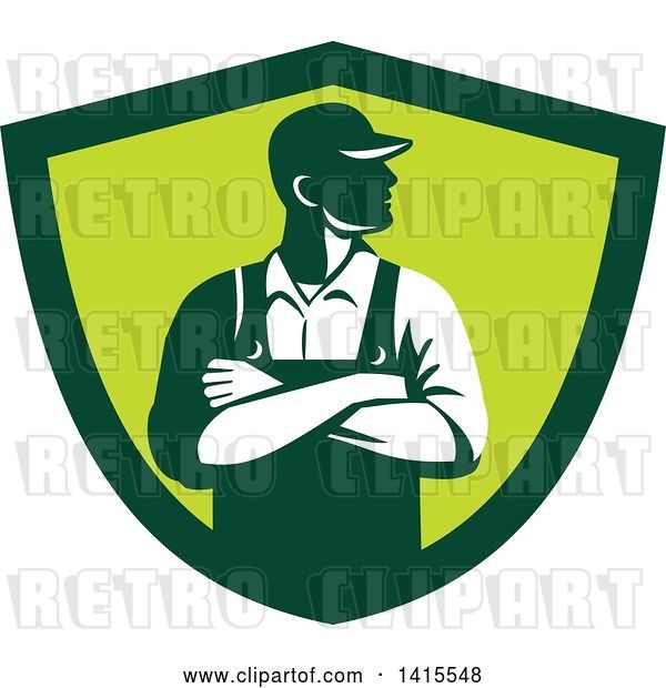 Vector Clip Art of Retro Male Farmer with Folded Arms, Looking to the Side in a Green Shield