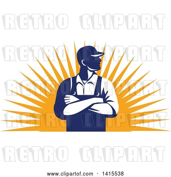 Vector Clip Art of Retro Male Farmer with Folded Arms, Looking to the Side over a Sun Burst
