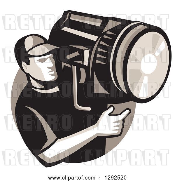 Vector Clip Art of Retro Male Film Crew Worker Holding a Spotlight Fresnel in a Circle