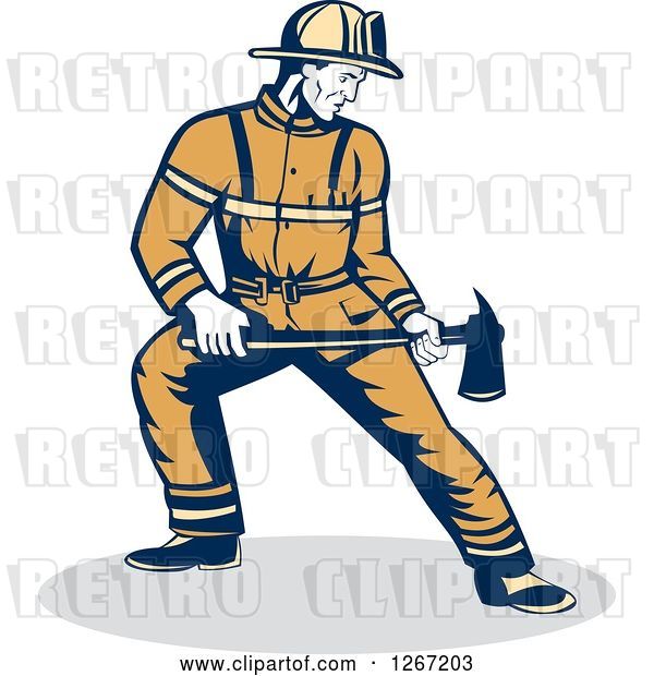 Vector Clip Art of Retro Male Firefighter Holding an Axe