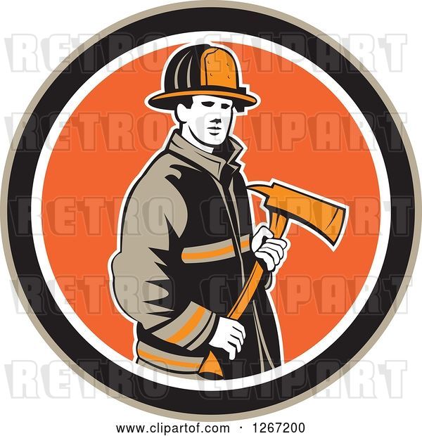 Vector Clip Art of Retro Male Firefighter Holding an Axe in a Brown Black White and Orange Circle