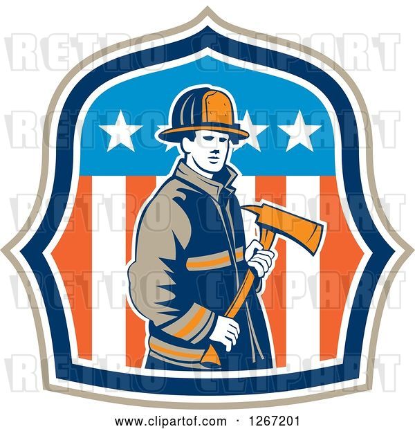 Vector Clip Art of Retro Male Firefighter Holding an Axe in an American Flag Shield