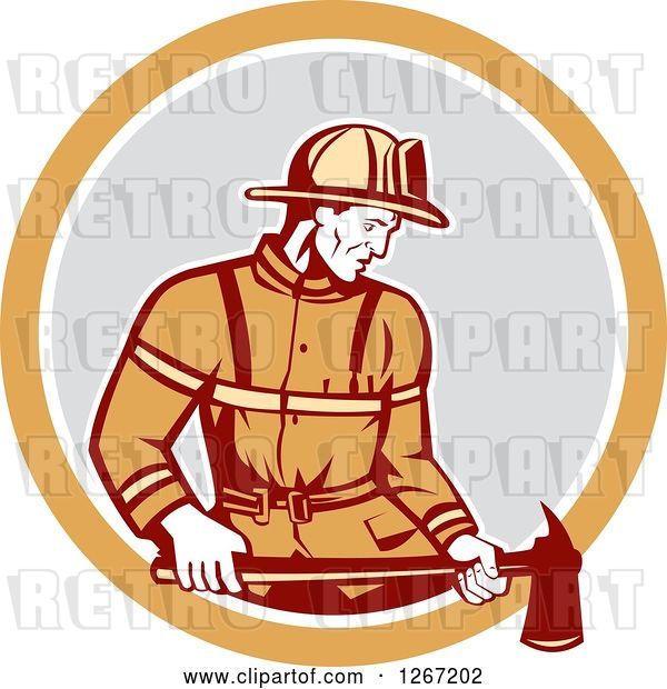 Vector Clip Art of Retro Male Firefighter Holding an Axe in an Orange White and Gray Circle