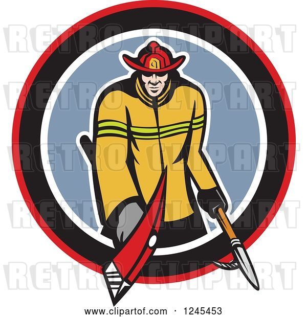 Vector Clip Art of Retro Male Firefighter with an Axe and Hook in a Circle