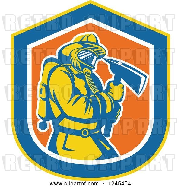 Vector Clip Art of Retro Male Firefighter with an Axe in a Shield
