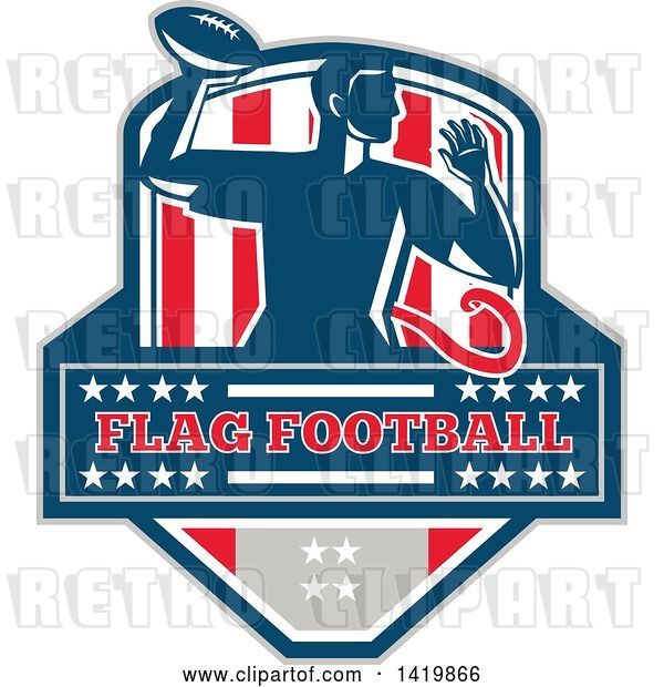 Vector Clip Art of Retro Male Flag Football Player Passing, over Text, in a Flag Crest