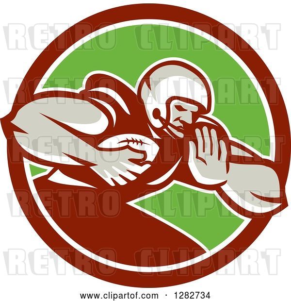 Vector Clip Art of Retro Male Football Player with a Ball in a Maroon White and Green Circle