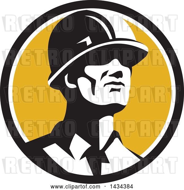 Vector Clip Art of Retro Male Foreman or Builder Wearing a Hardhat and Looking Forward in a Black White and Yellow Circle
