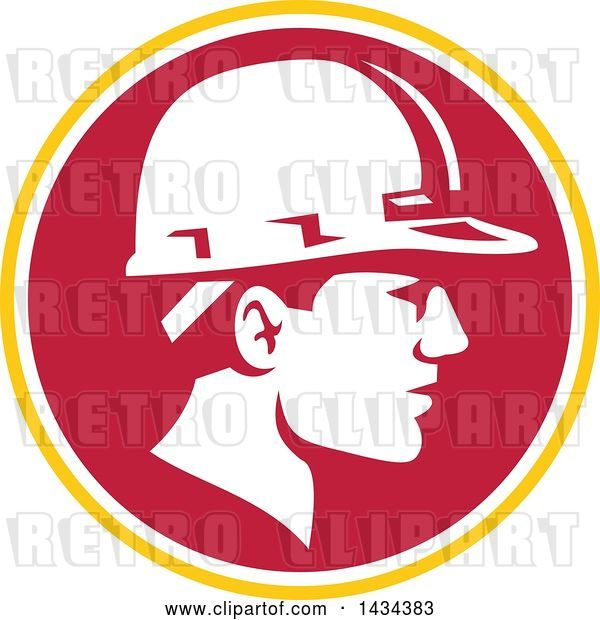 Vector Clip Art of Retro Male Foreman or Builder Wearing a Hardhat in a Yellow White and Red Circle