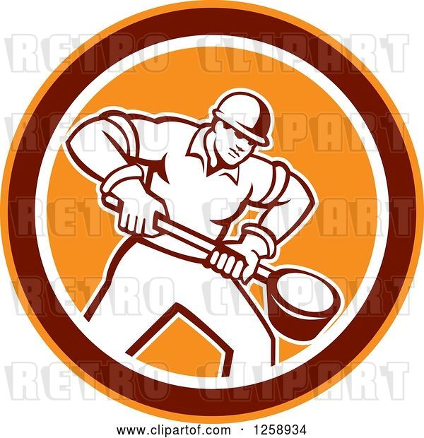Vector Clip Art of Retro Male Foundry Worker Holding a Ladle in an Orange Brown and White Circle