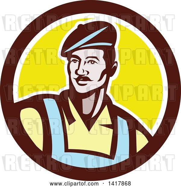 Vector Clip Art of Retro Male French Artist Wearing a Beret in a Brown White and Yellow Circle