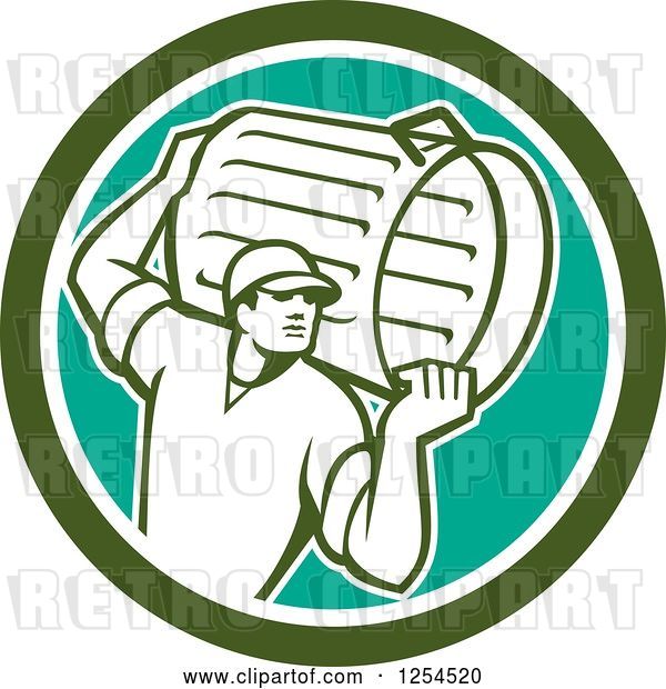 Vector Clip Art of Retro Male Garbage Guy Carrying a Can in a Green Circle