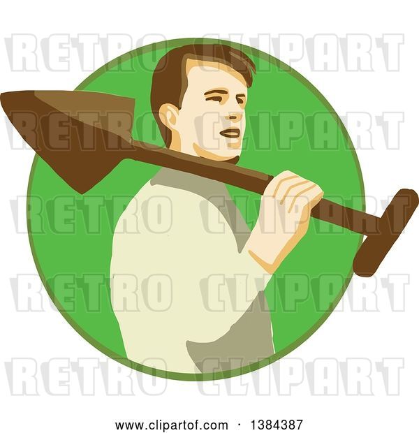 Vector Clip Art of Retro Male Gardener Holding a Shovel over His Shoulder in a Green Circle