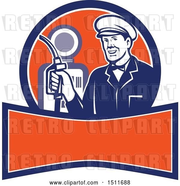Vector Clip Art of Retro Male Gas Station Attendant Holding a Nozzle over a Banner