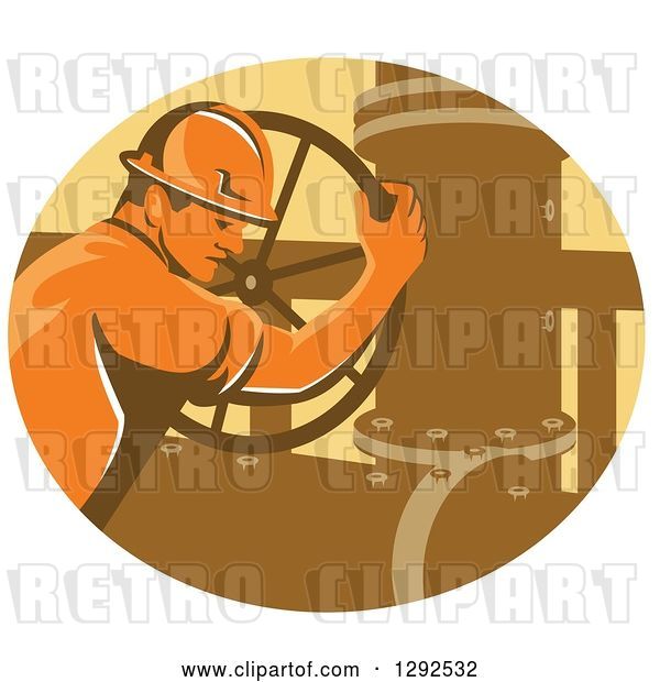 Vector Clip Art of Retro Male Gas Worker Closing a Valve in an Oval
