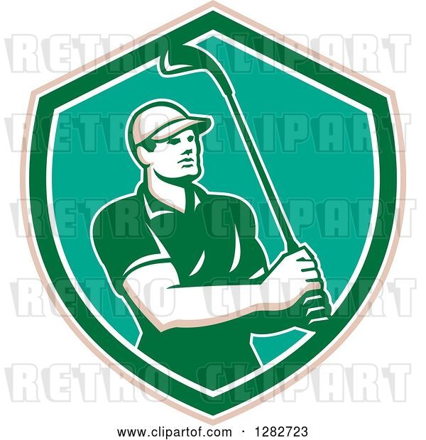 Vector Clip Art of Retro Male Golfer Holding a Club in a Tan White Turquoise and Green Shield